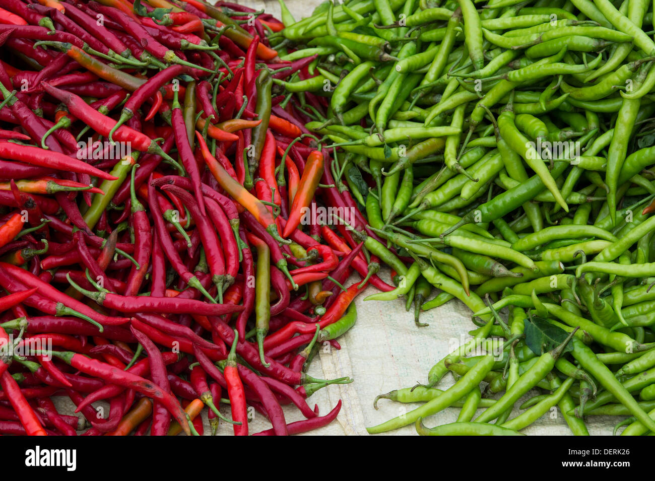 Fresh red and green chillis at an Indian market. Andhra Pradesh, India Stock Photo