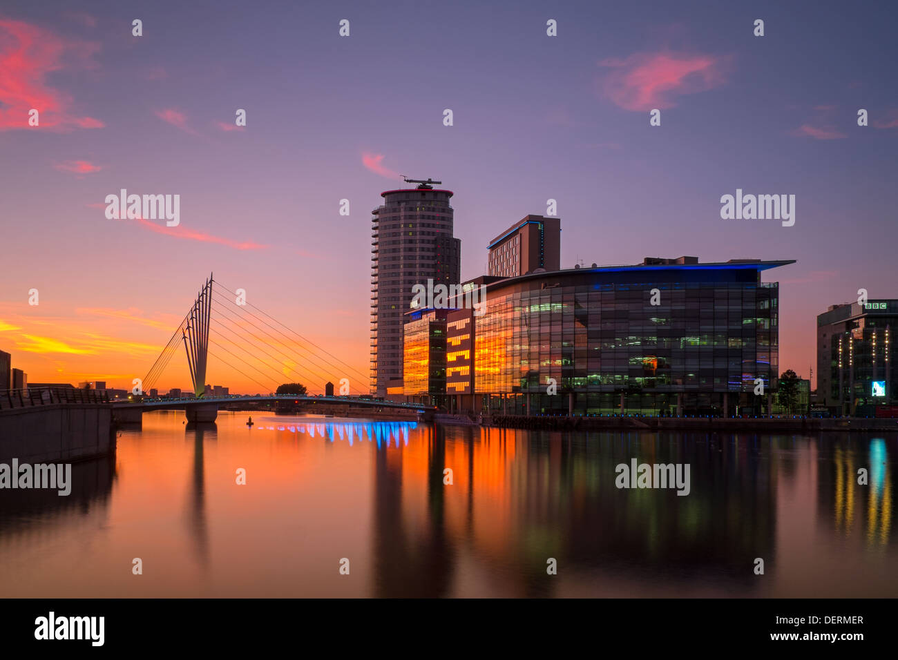 England, Greater Manchester, Salford Quays, Media City at sunset Stock Photo