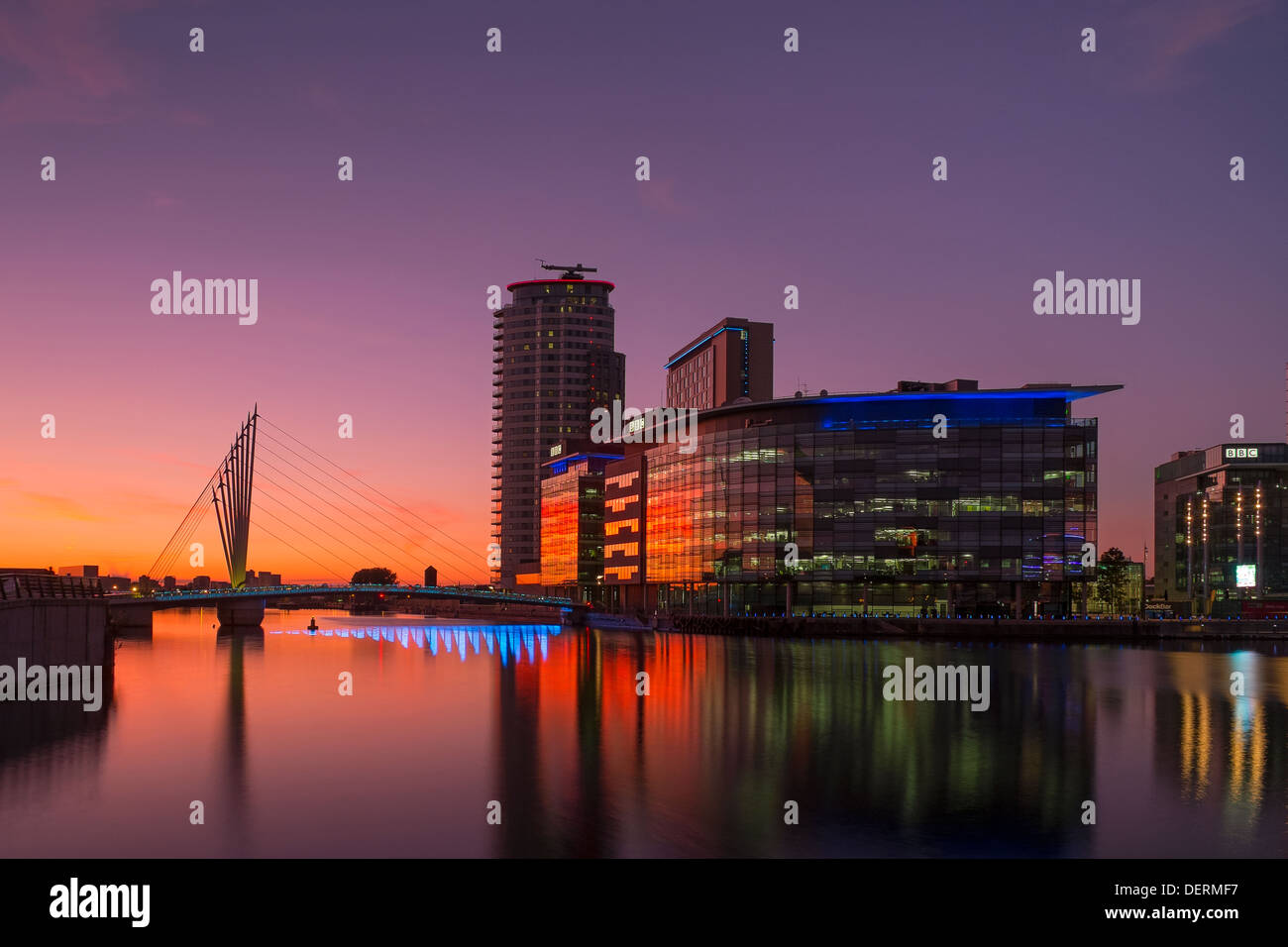 England, Greater Manchester, Salford Quays, Media City at sunset Stock Photo