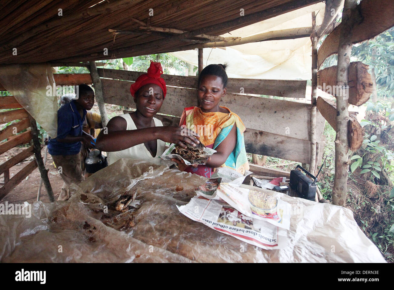 A market stall selling cooked fish in the Luwero district of Uganda