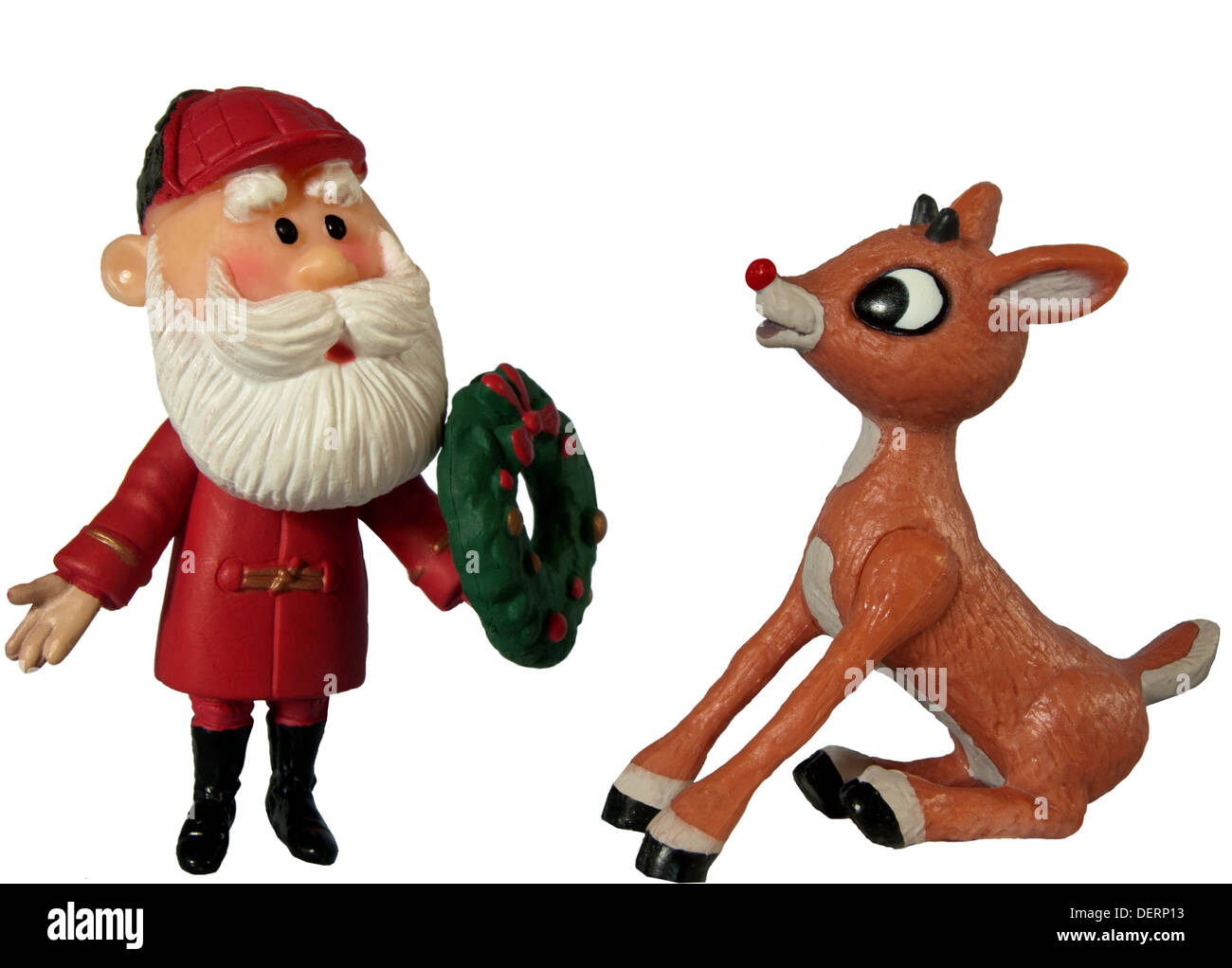 figures of the characters Santa Claus and Rudolph the red nosed reindeer on white background Stock Photo