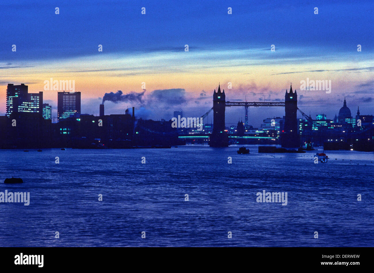 London panorama of the River Thames and Tower Bridge in 1975. Stock Photo