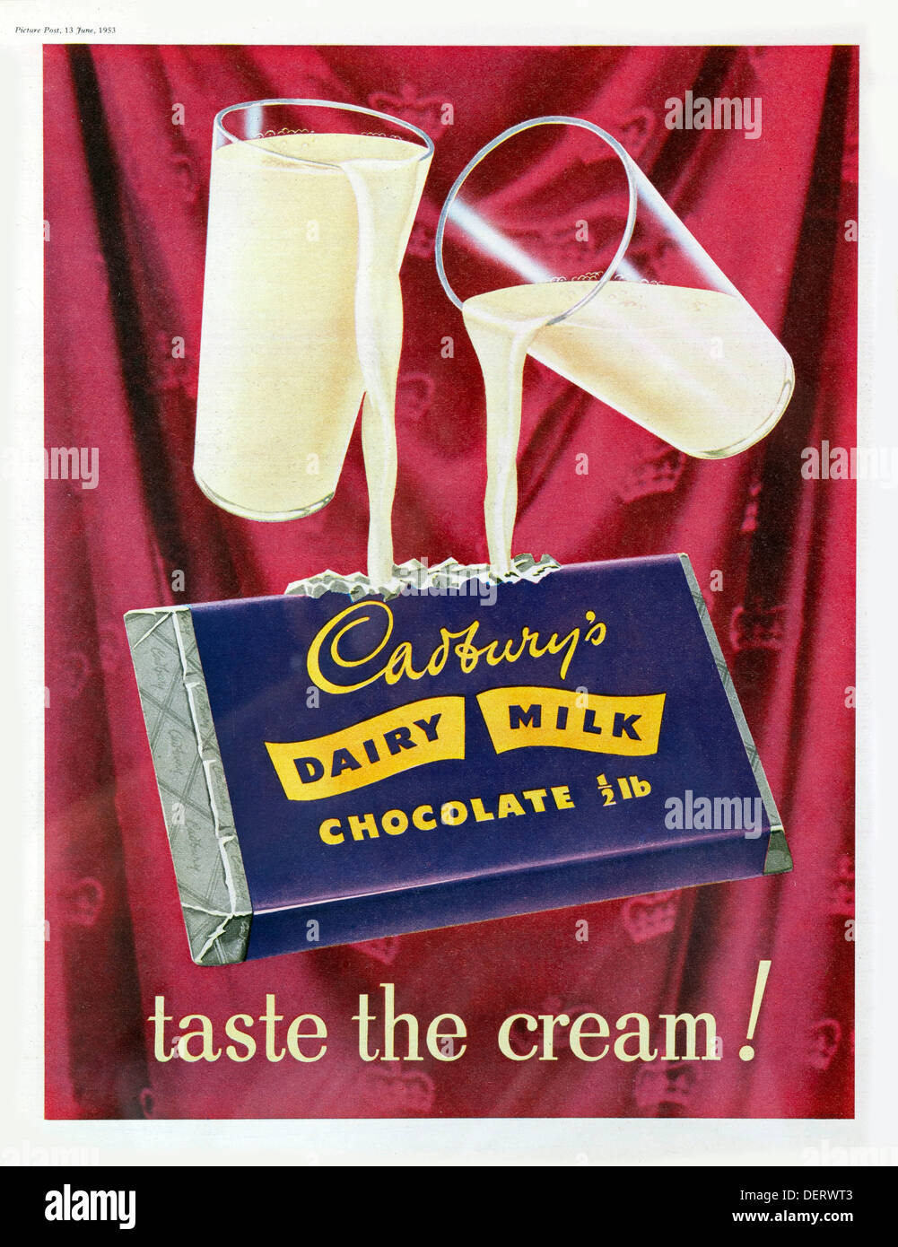 1953 advertisement for Cadbury's milk chocolate Stock Photo