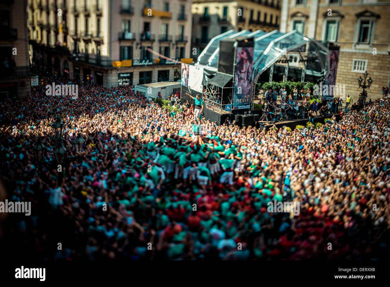 Barcelona, Spain. September 22nd, 2013: The Castellers of Vilafranca build a human tower 3 of 9 in front of Barcelona's town hall during the city festival, La Merce, 2013 Credit:  matthi/Alamy Live News Stock Photo