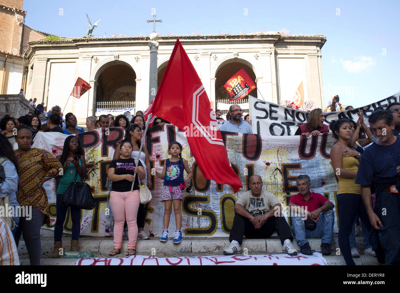 Rome Italy. 23rd Sep, 2013. Hundreds of protesters join tenant unions in central Rome for greater housing rights and stop evictions which have increased during times of economic austerity  affecting families who can ill afford to pay their rents following rent hikes Stock Photo