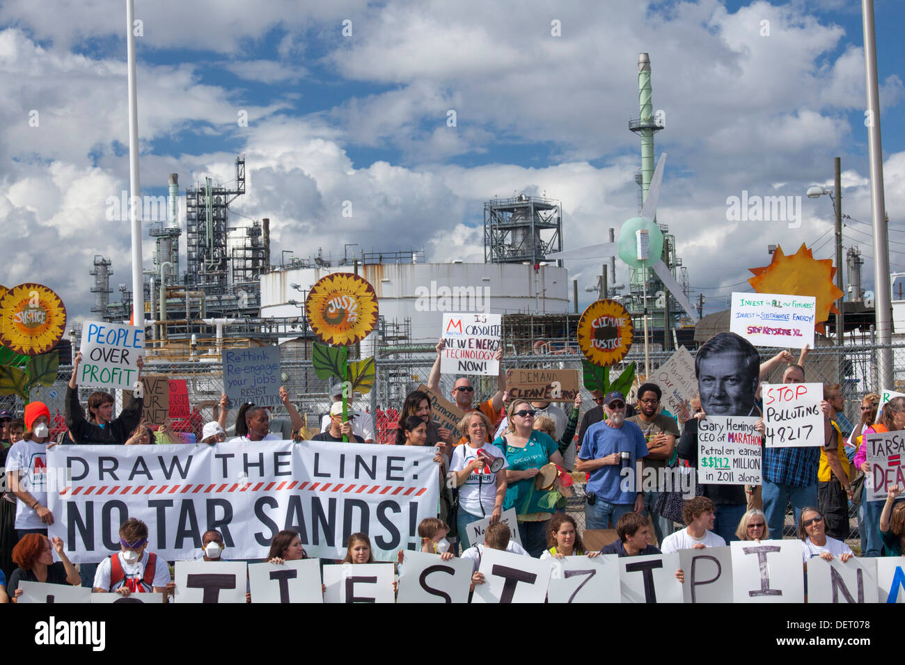 Environmentalists protest the transport and refining of Canadian tar sands oil at Marathon refinery in Detroit. Stock Photo