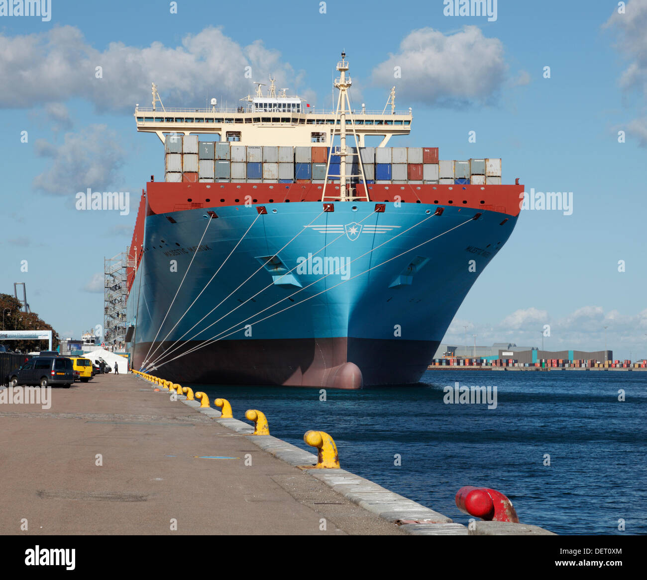 Copenhagen, Denmark, Sept. 23rd. Maersk Line's triple-E ship Majestic Maersk arrived to Langelinie in port of Copenhagen last night for a week of presentation and name giving ceremony. On Wednesday Her Royal Highness the Crown Princess names the world’s largest ship.This marks the opening of the vessel and the exhibition at Langelinie, and the public is offered a tour on the container ship. More than 42,000 people have already booked their ticket to board the ship, 400m long and 59m wide. The Majestic Maersk is the second of Maersk's 20 ordered Tripple-E ships. Credit:  Niels Quist / Alamy Liv Stock Photo