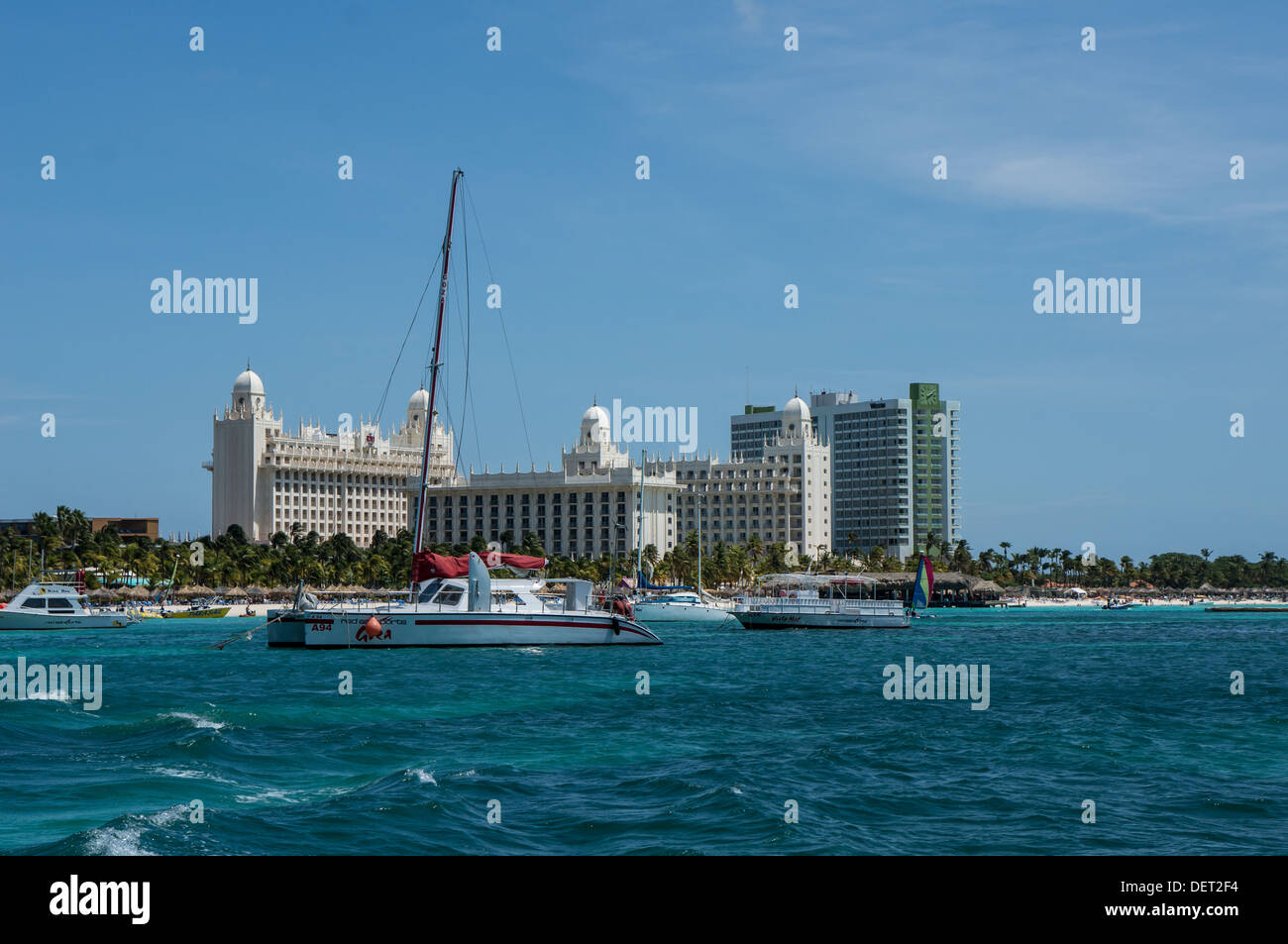 Palm Beach shoreline with Riu Hotel Aruba Stock Photo
