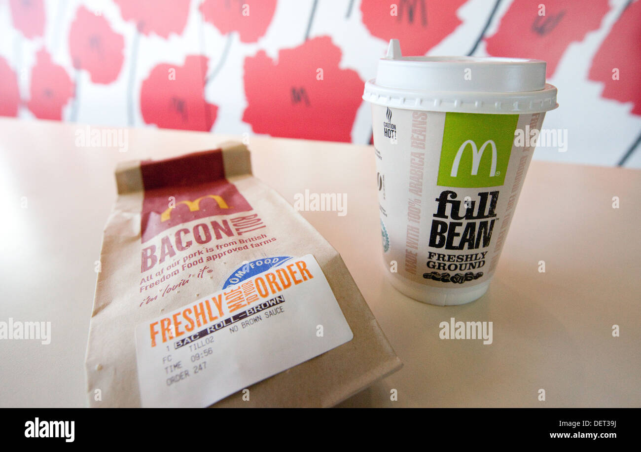 McDonalds breakfast food - coffee and bacon bun, UK Stock Photo