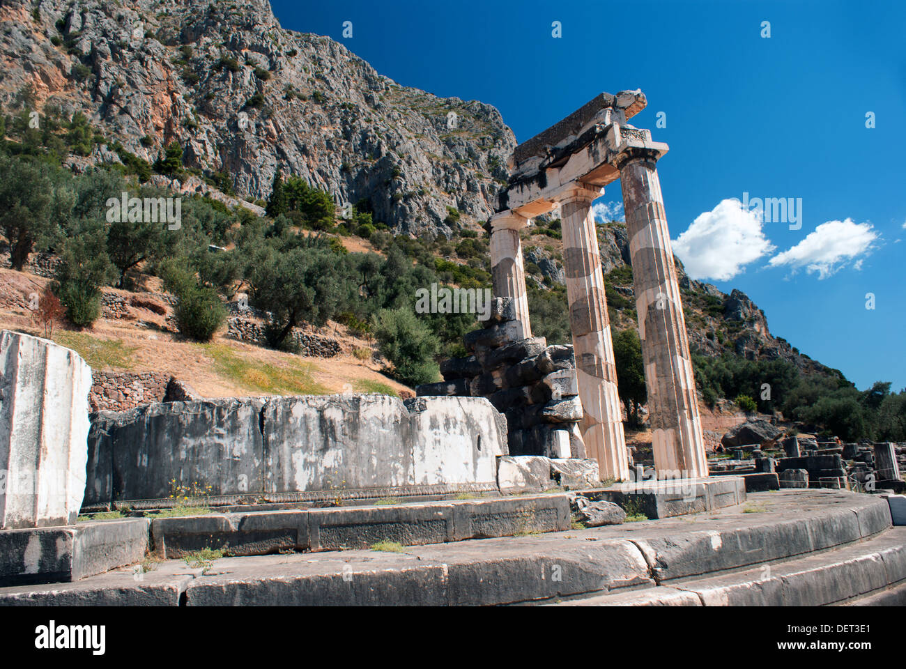 Temple of Athena pronoia at Delphi oracle archaeological site in Greece Stock Photo