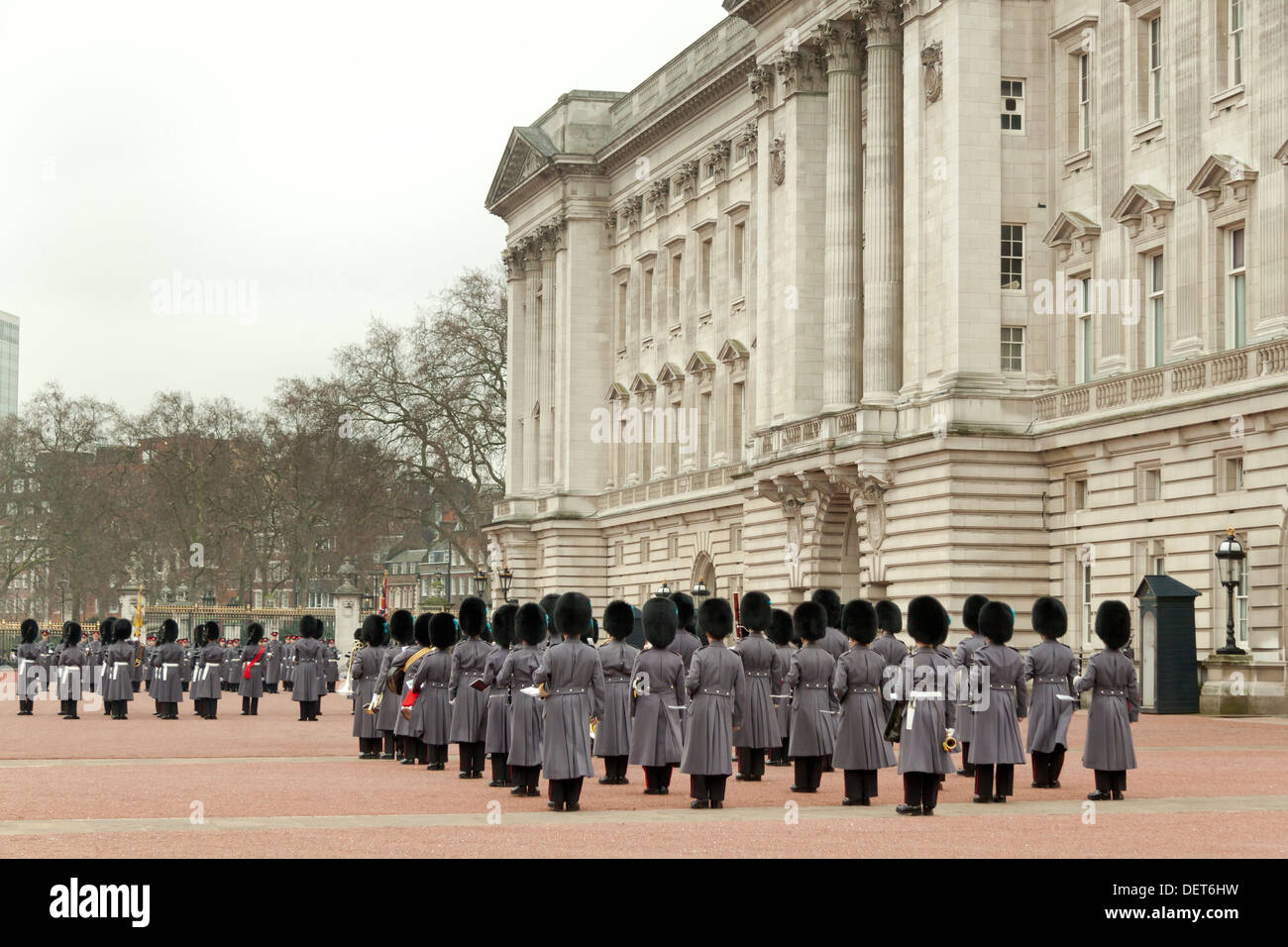 The Irish Guards at the ceremony of the changing of the guard at Buckingham Palace, London, UK in winter Stock Photo