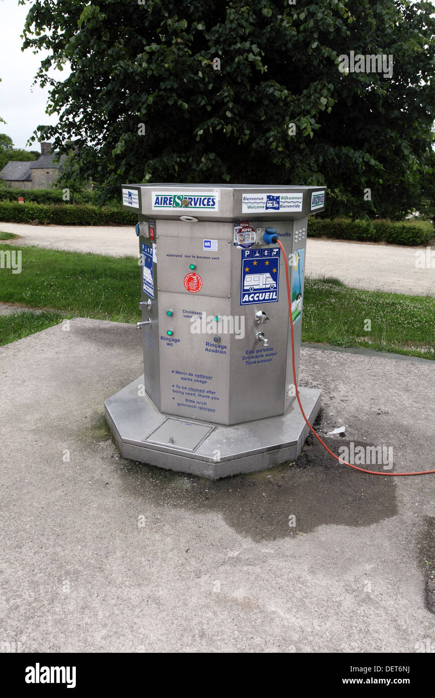 French Aire overnight parking area for motorhomes in France. Aire service point. Stock Photo