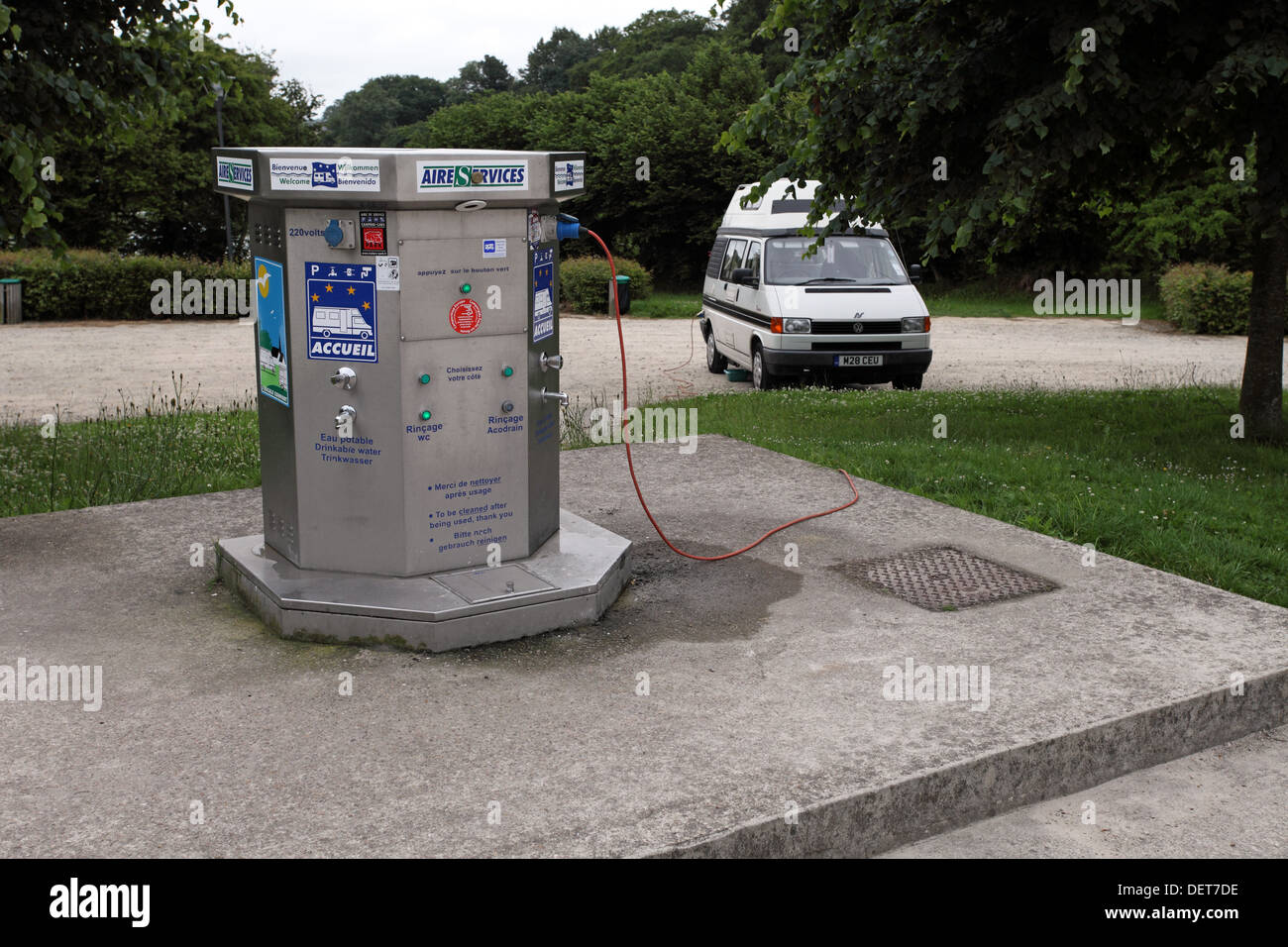 French Aire overnight parking area for motorhomes in France. Aire service point. Plug-in Stock Photo