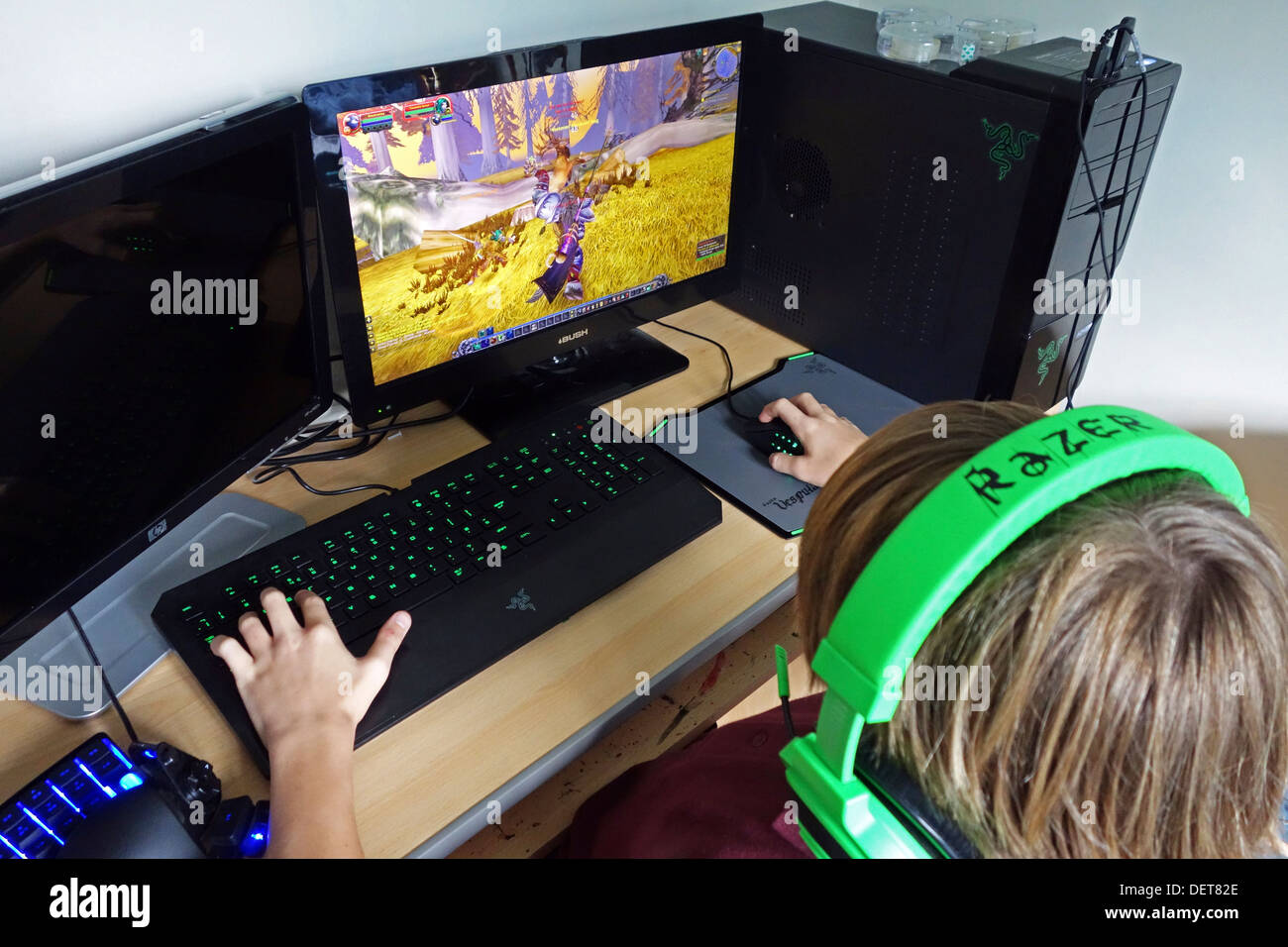 teenage boy playing computer games Stock Photo