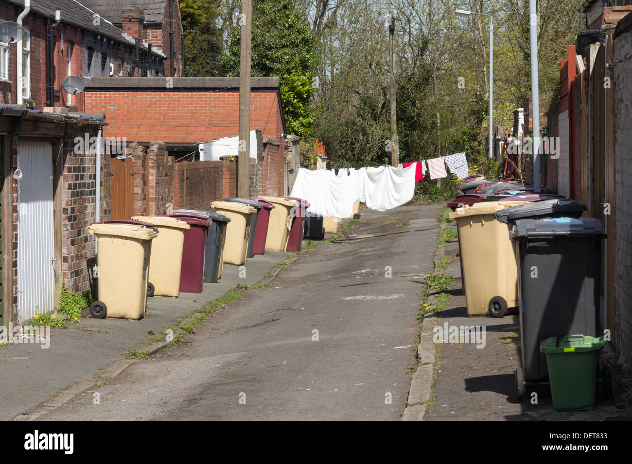 A back street, with washing drying on the line and bins outside