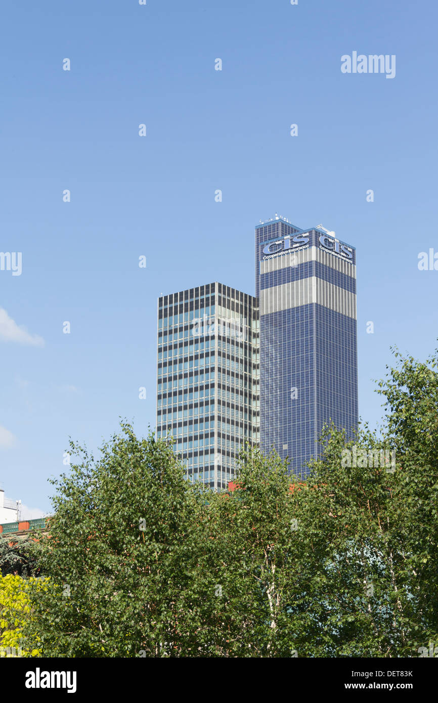 The Co-operative insurance Society (CIS) tower in Manchester. The renovated service tower is covered with photovoltaic panels. Stock Photo