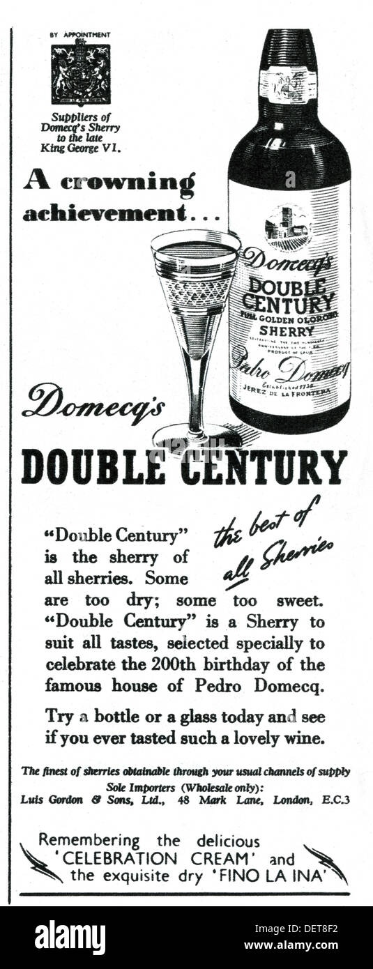 1953 UK advert for Domecqs Double Century sherry Stock Photo