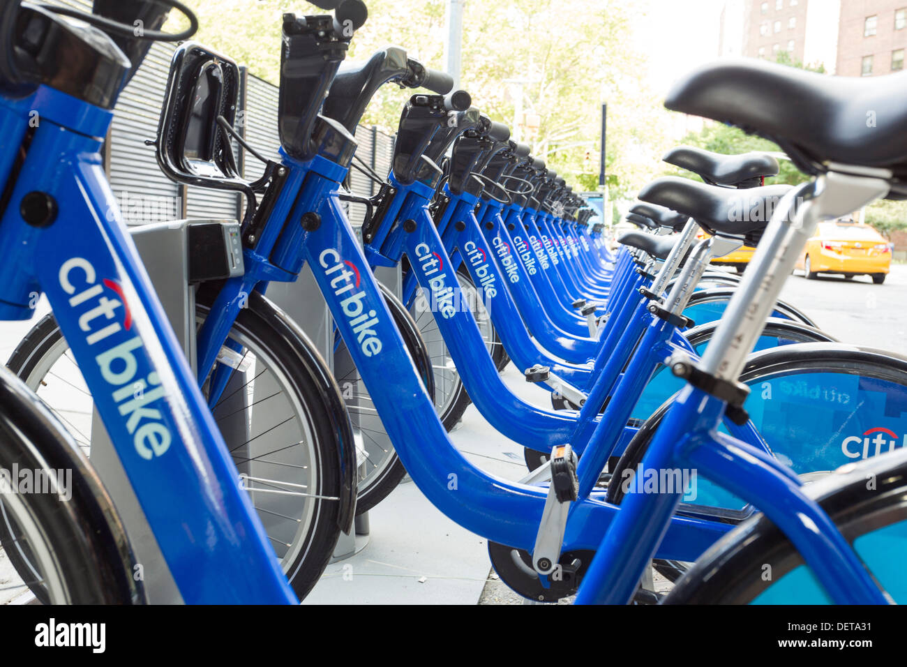 Parked Citi Bikes, public bicycle sharing system in New York City Stock