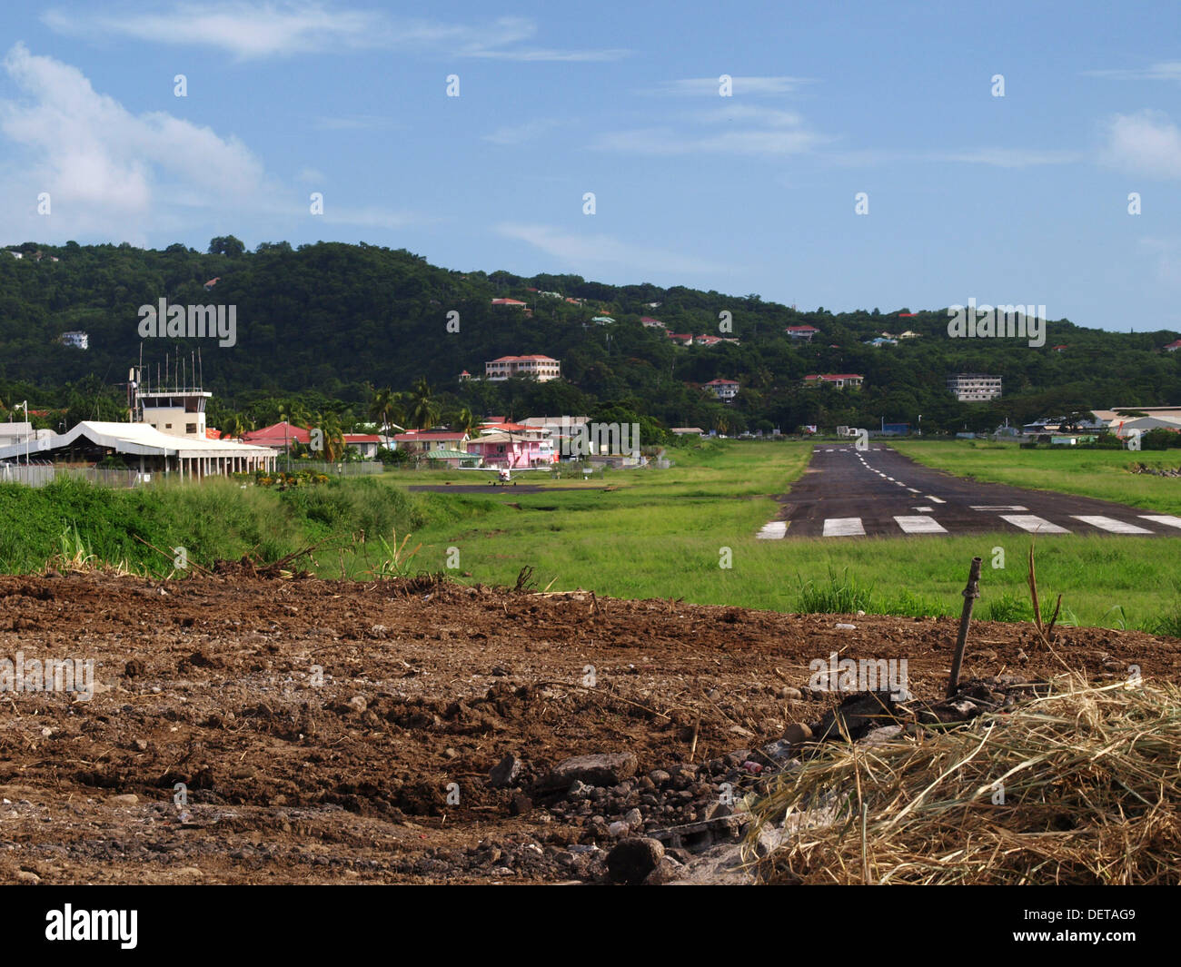 The runway of the Canefield airport in the Commonwealth of Dominica, Caribbean, West Indies. Stock Photo