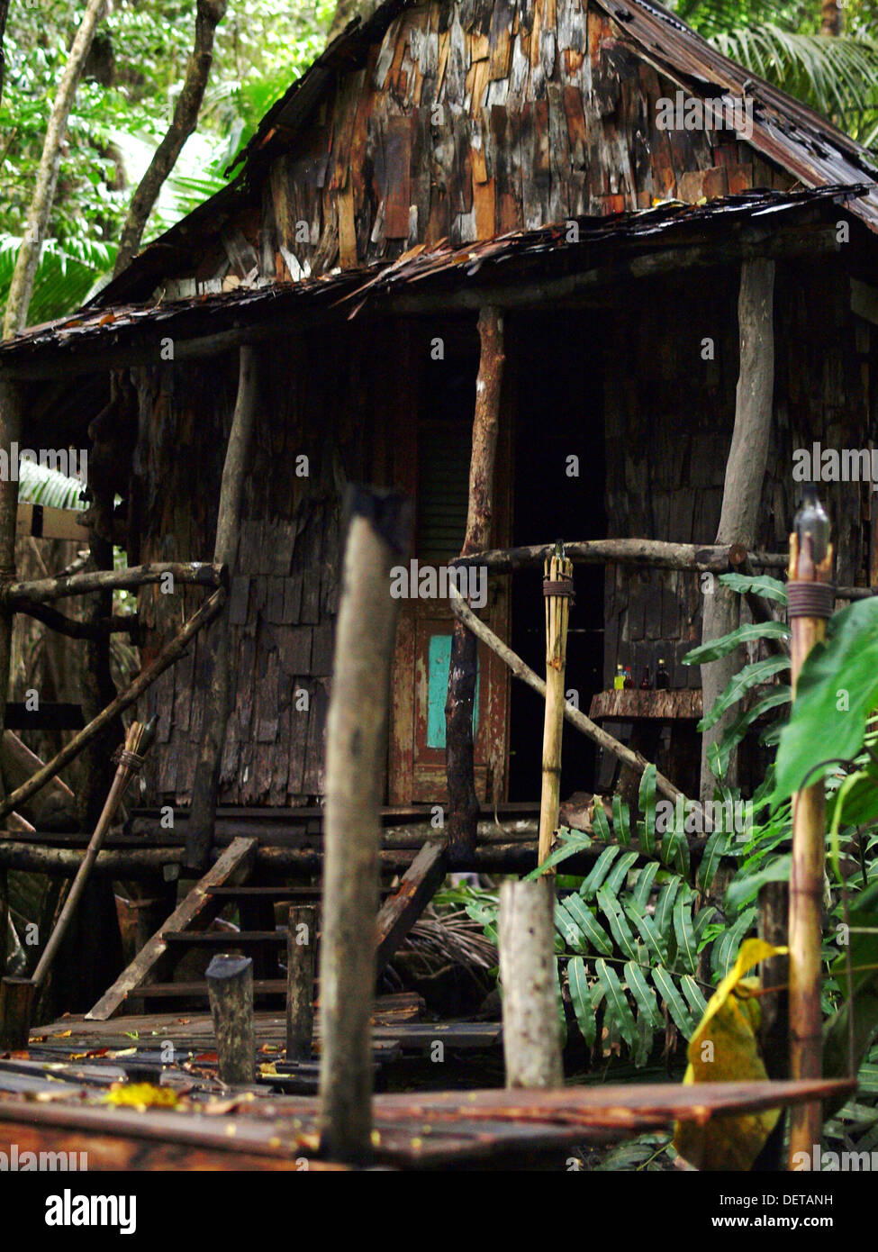 The exterior of Calypso's Cabin in the Pirates of the Caribbean movie along the Indian River in Portsmouth, Commonwealth of Dominica. Stock Photo