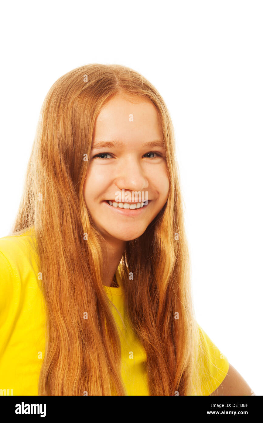 Closeup portrait smiling girl with big smile and long hair Stock Photo ...