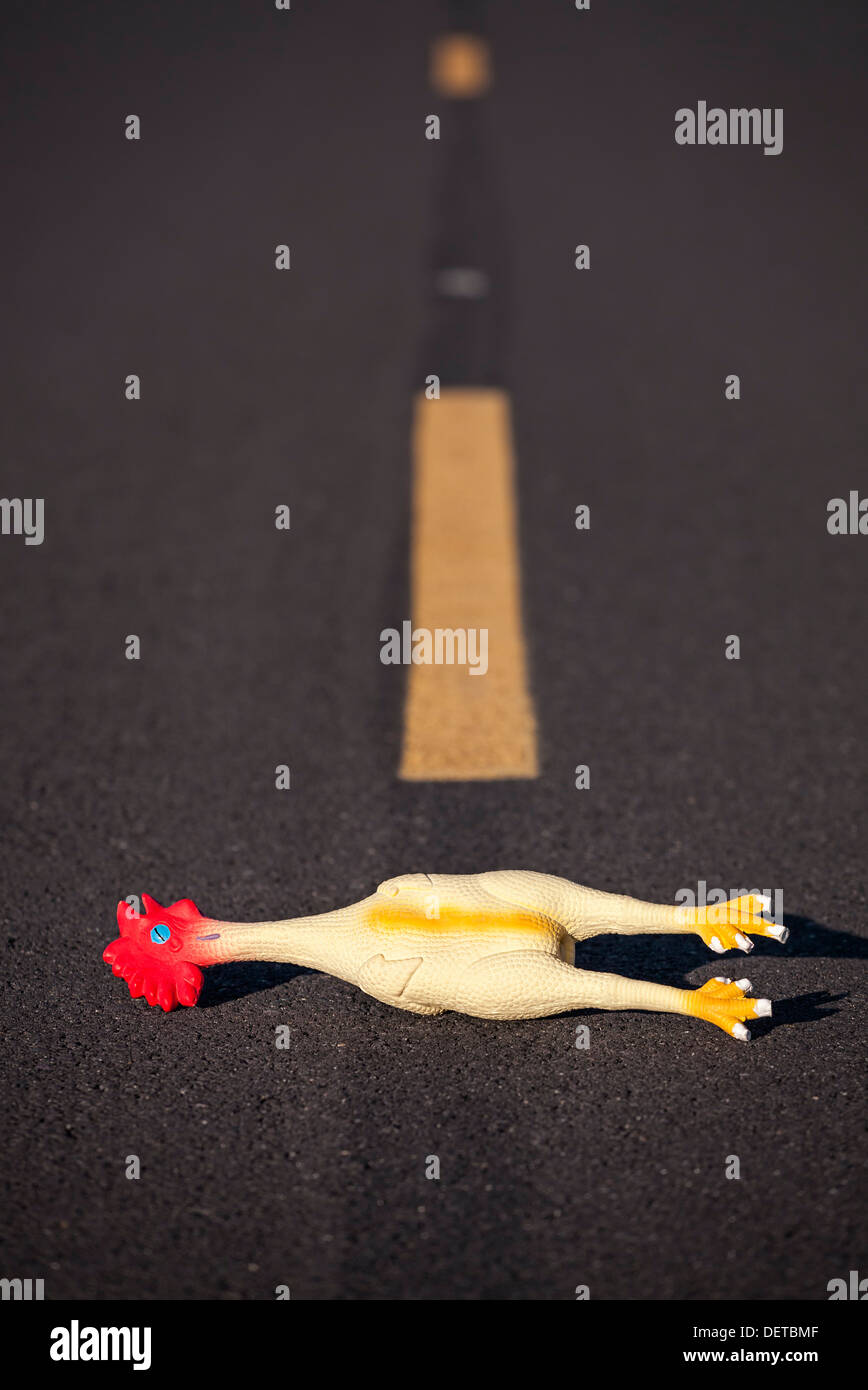 Gag rubber chicken crossing the road, Rufus, Oregon Stock Photo Alamy