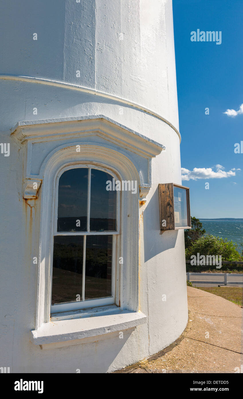 Window detail Nobska Lighthouse in the village of Woods Hole, town of Falmouth, on Cape Cod Massachusetts, USA . Stock Photo