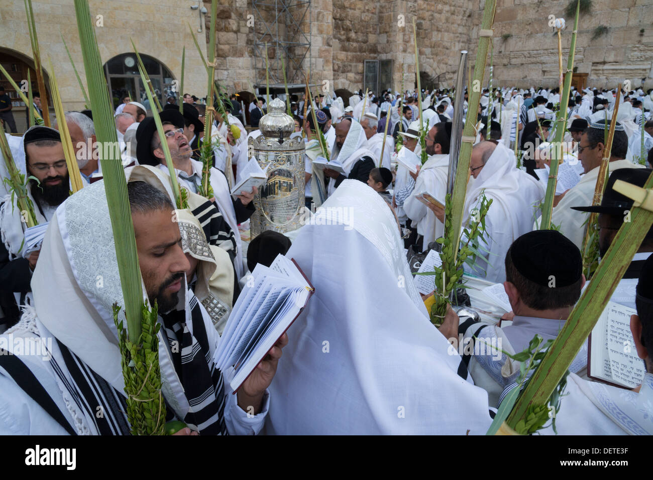 Jews praying with Lulav during the Sukkot Jewish festival. Western Wall. Jerusalem Old City. Israel. Stock Photo