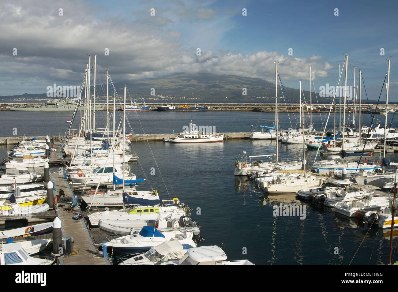 Horta marina on Faial island in The Azores with Pico island in the ...