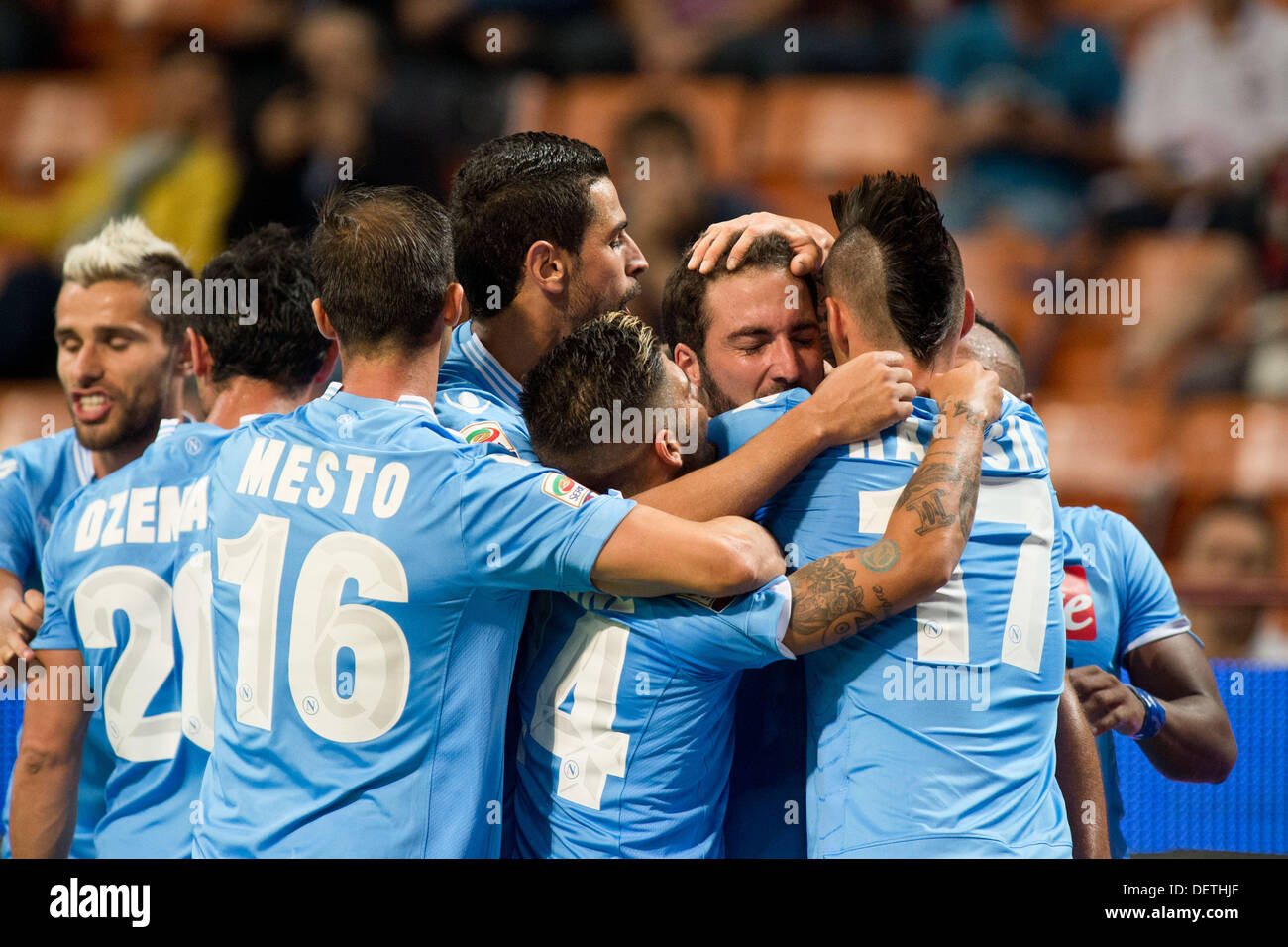 SSC Napoli team group, SEPTEMBER 22, 2013 - Football / Soccer : Gonzalo Higuain (2nd right) of Napoli celebrates scoring his side second goal during the Italian 'Serie A' match between AC Milan 1-2 Napoli at Giuseppe Meazza Stadium in Milan, Italy, © Enrico Calderoni/AFLO SPORT/Alamy Live News Stock Photo