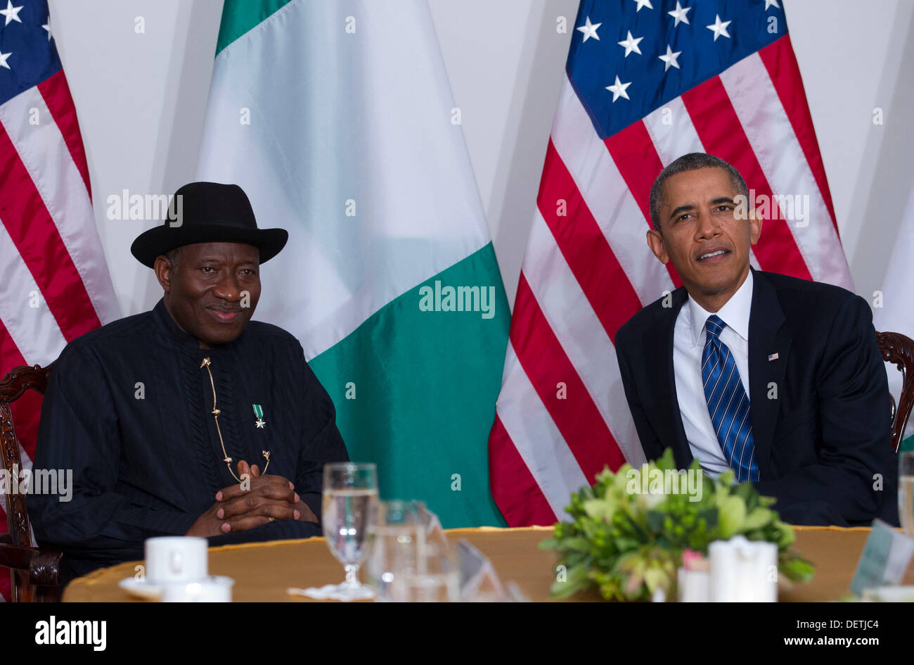 New York, New York. 23rd Sep, 2013. President Goodluck Jonathan of Nigeria and United States President Barack Obama meet in New York, New York, on Monday, September 23, 2013. Credit: Jin Lee / Pool via CNP/dpa/Alamy Live News Stock Photo