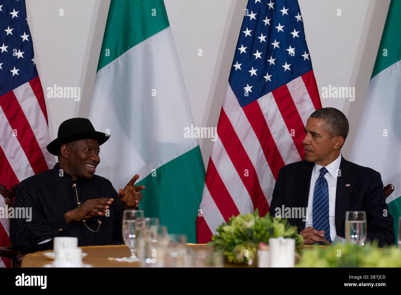 New York, New York. 23rd Sep, 2013. President Goodluck Jonathan of Nigeria and United States President Barack Obama meet in New York, New York, on Monday, September 23, 2013. Credit: Jin Lee / Pool via CNP/dpa/Alamy Live News Stock Photo