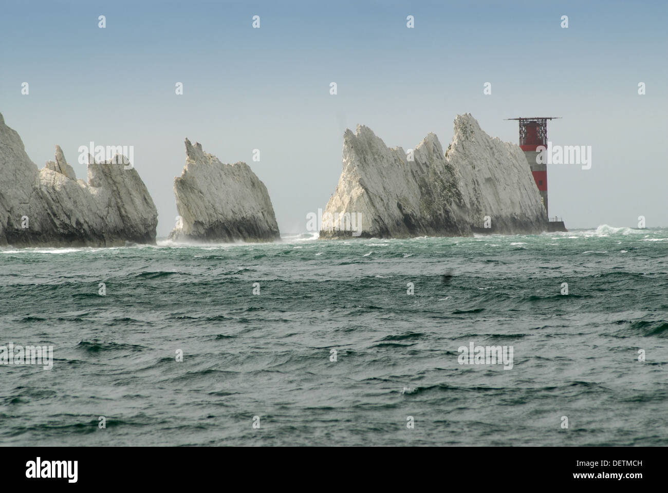 The dramatic Needles land mass at the western tip of the Isle of Wight Stock Photo