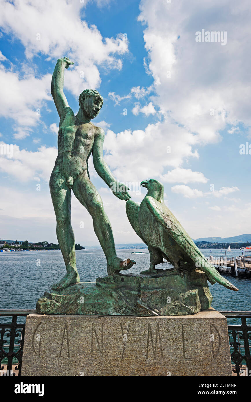 Europe, Switzerland, Zurich, Lake Zurich, Ganymed statue Stock Photo