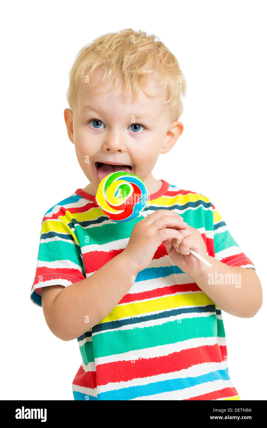kid boy eating lollipop isolated Stock Photo