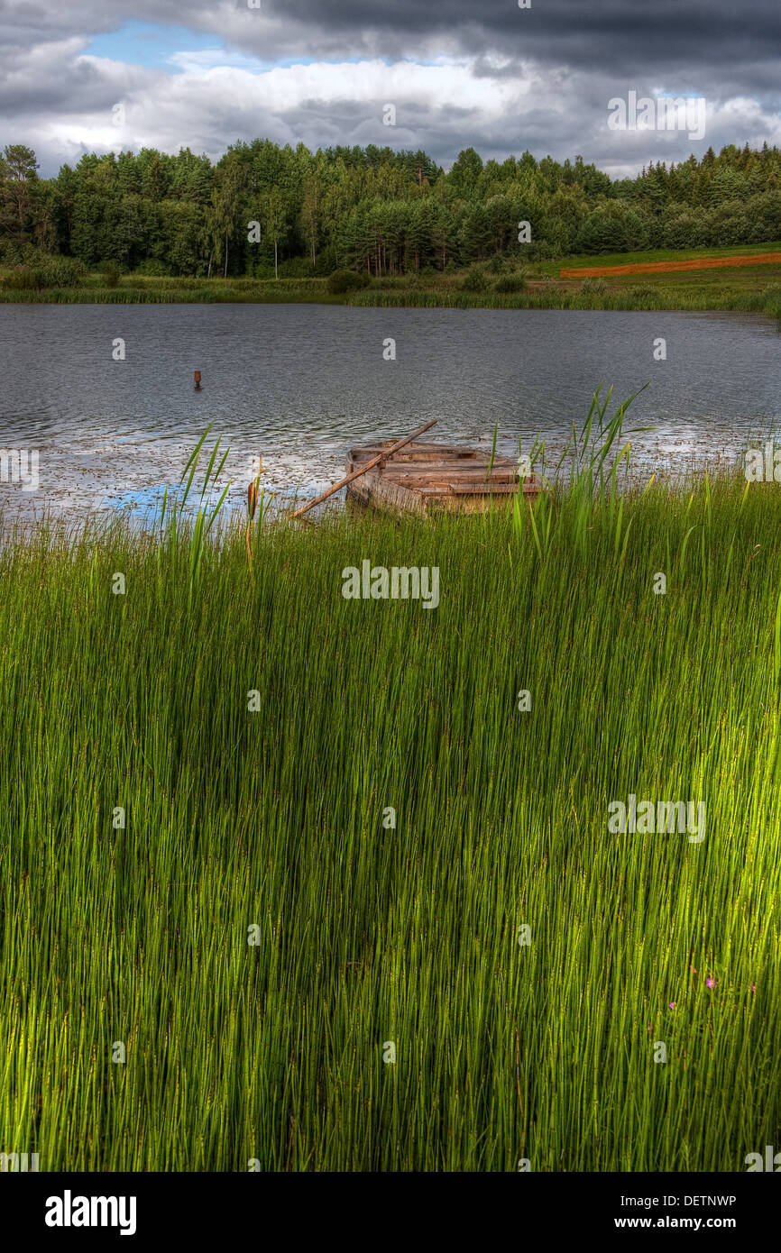 Wooden boat in a lake behind reed Stock Photo - Alamy