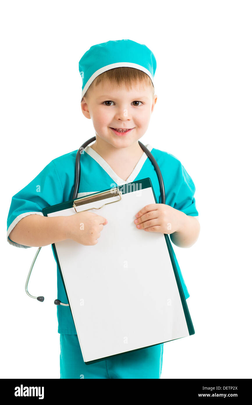 kid boy uniformed as doctor with clipboard Stock Photo