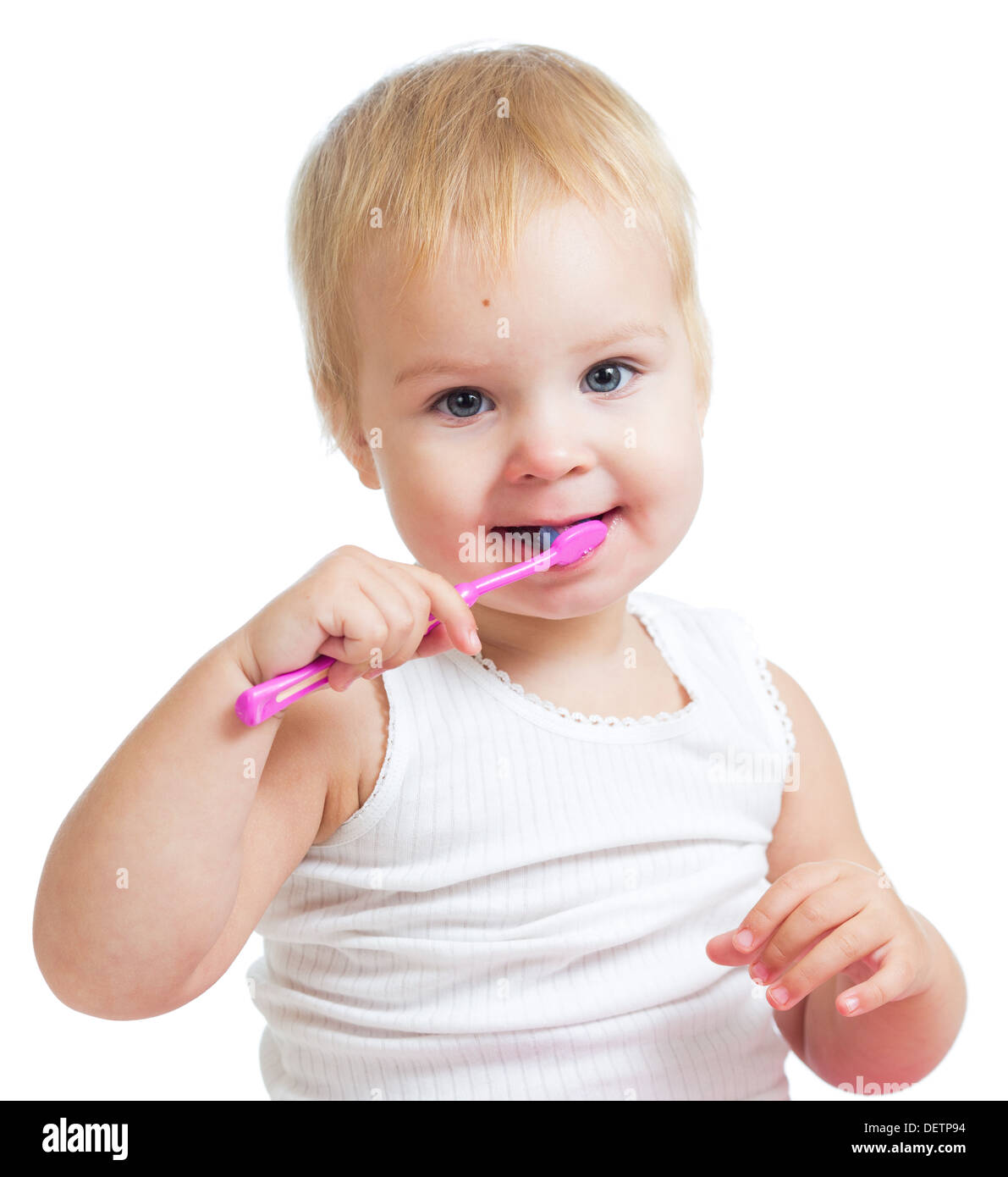 child girl brushing teeth isolated on white Stock Photo
