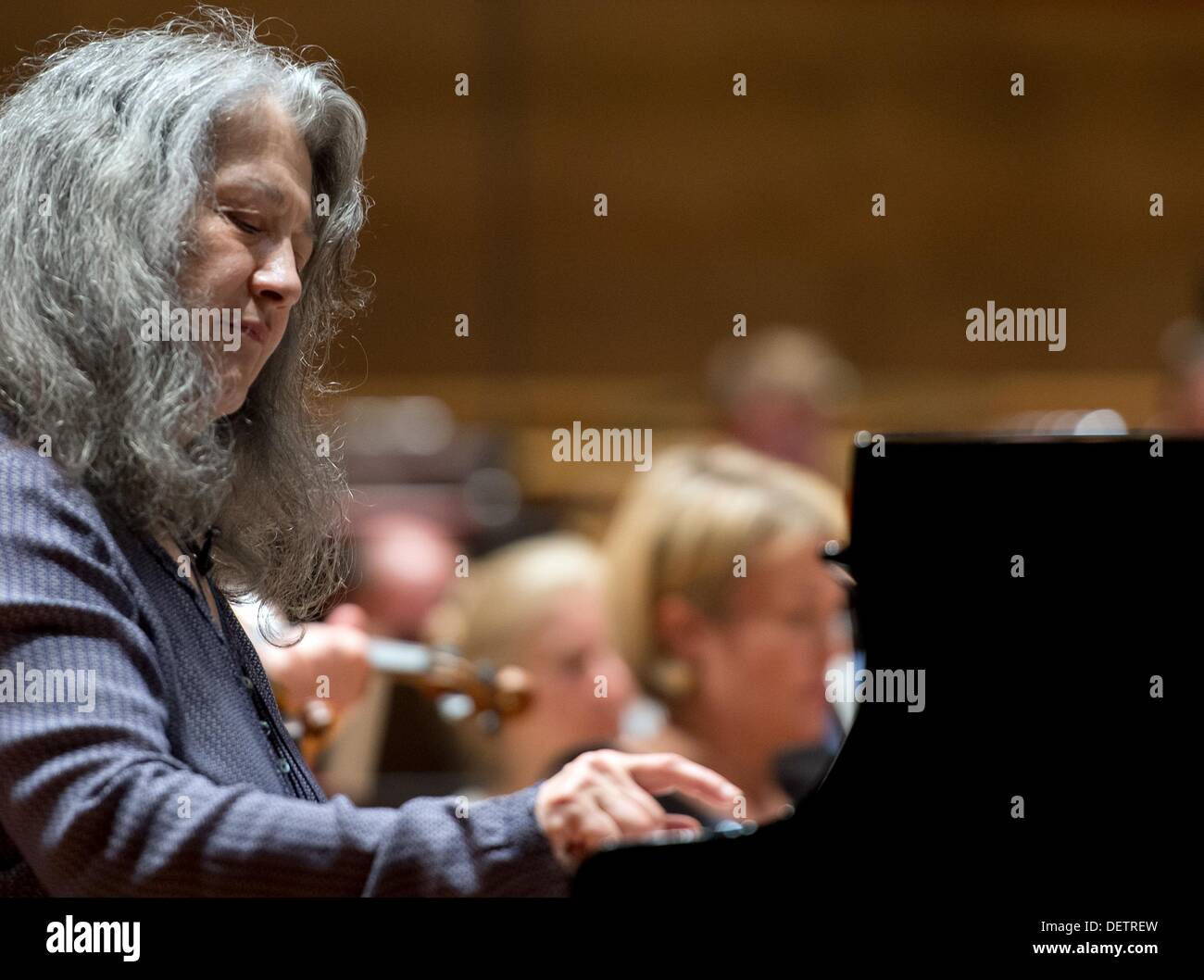 Argentine pianist Martha Argerich  sits at a grand piano during a rehersal at the Philharmonic concert venue Berlin, Germany, 14 September 2013. Photo: Soeren Stache Stock Photo