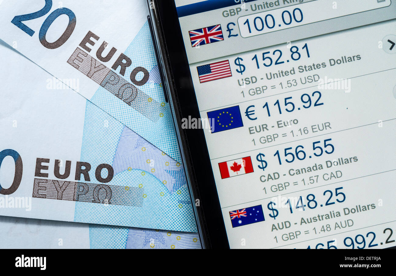 Mobile phone app for currency conversion & 20 euro notes Stock Photo