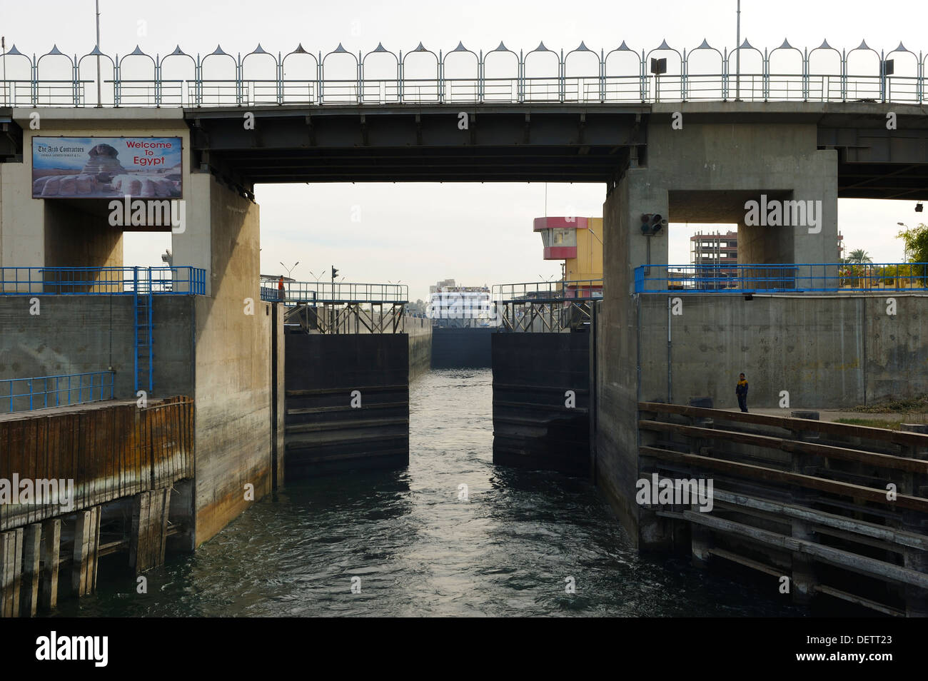 Cruise ship negotiating Esna Lock on River Nile between Aswan and Luxor