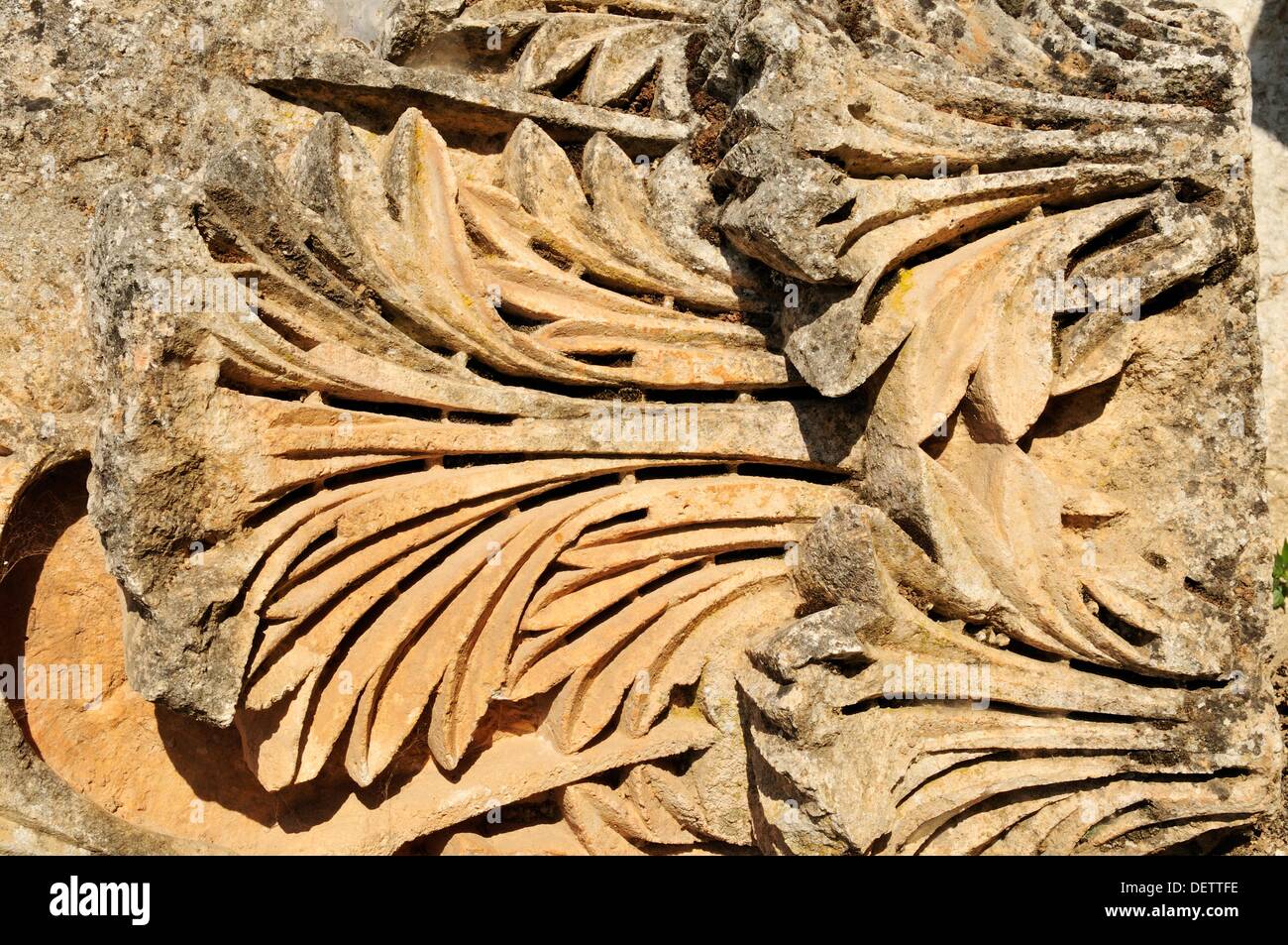 carved stone with Acanthus leaves, ruin of Saint Simeon Monastery, Qala´at Samaan, Qalaat Seman archeological site, Dead Stock Photo