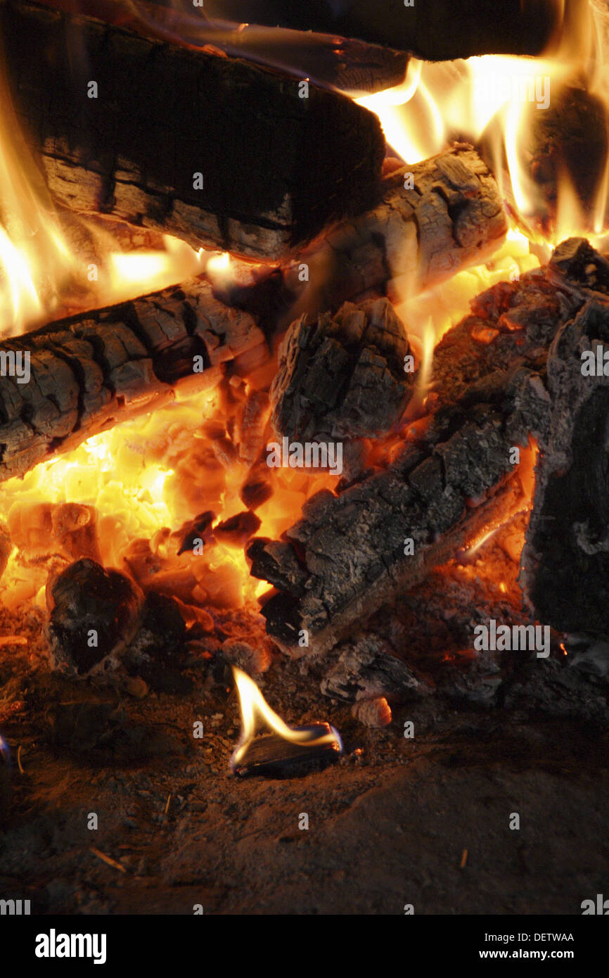Close Up Of Fire In Stone Fireplace At Brown County State Park