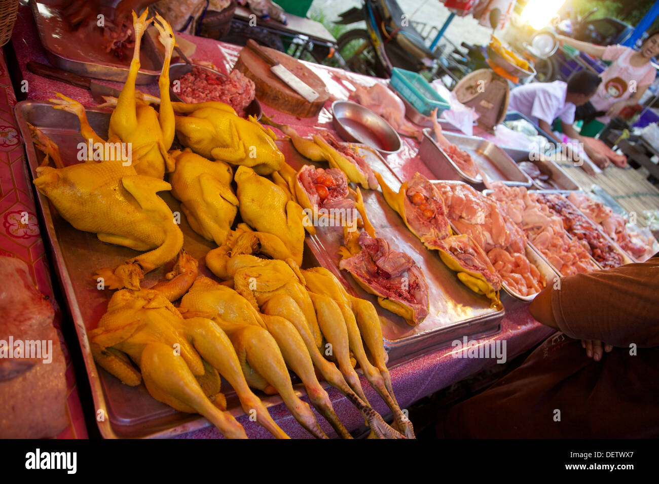 A Thai market stall, selling meat, Phuket, Thailand Stock Photo