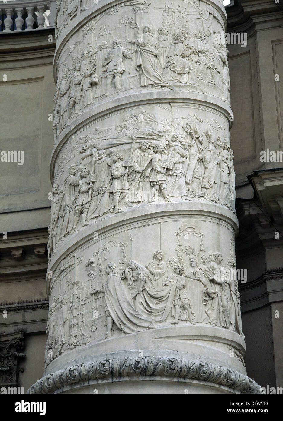 Church of St. Charles (1716-1737). Right column. scenes from the life of St. Charles Borromeo. The Courage. Vienna. Austria. Stock Photo
