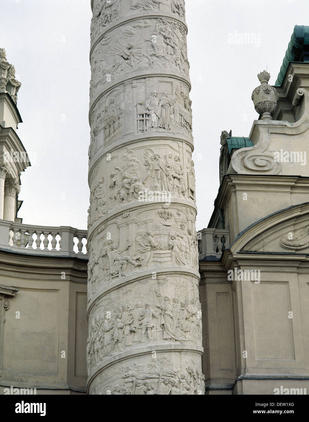 Church of St. Charles (1716-1737). Right column. scenes from the life of St. Charles Borromeo. The Courage. Vienna. Austria. Stock Photo