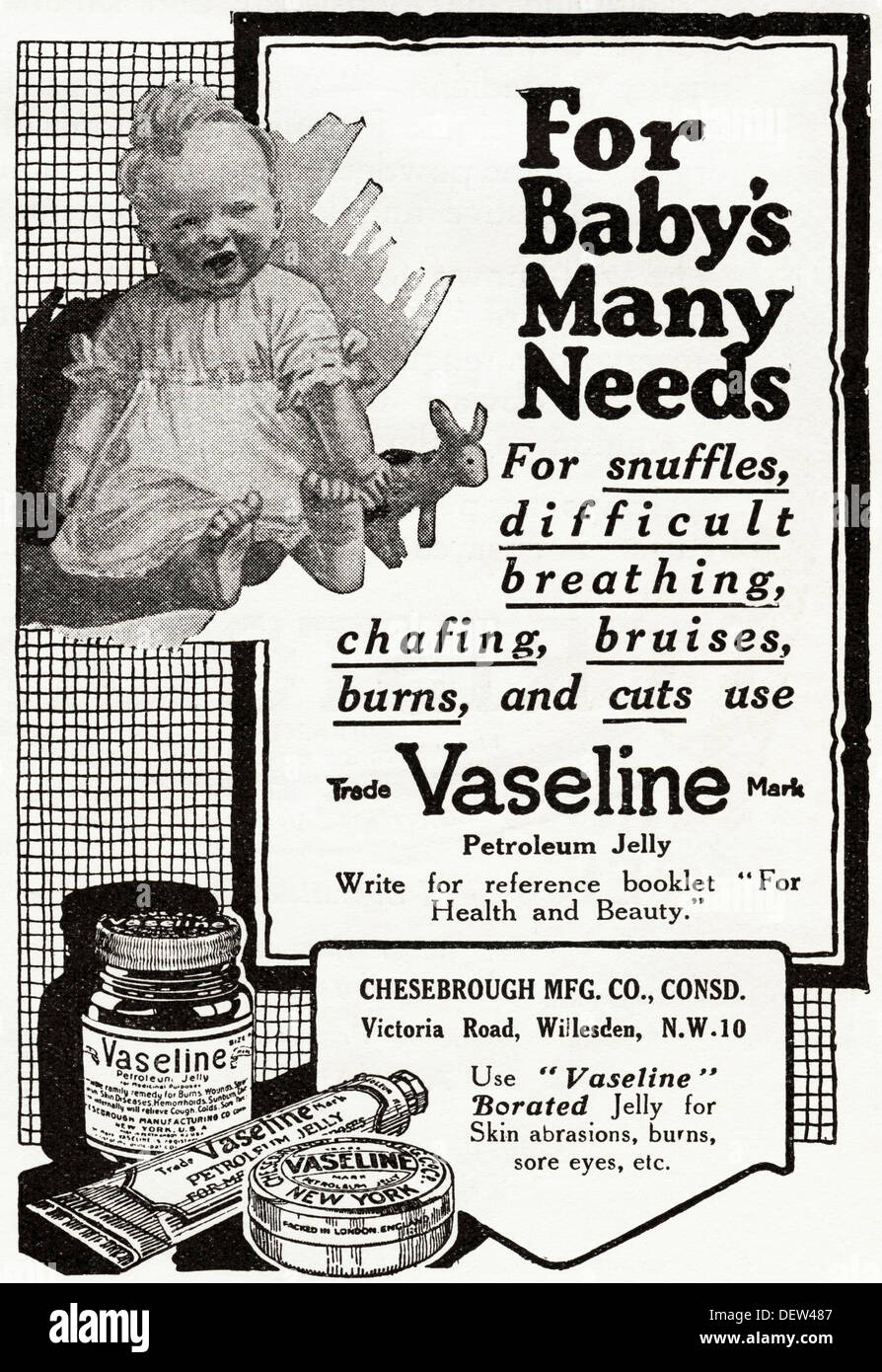 Original 1920s advertisement advertising VASELINE PETROLEUM JELLY for babies,  consumer magazine advert circa 1924 Stock Photo - Alamy