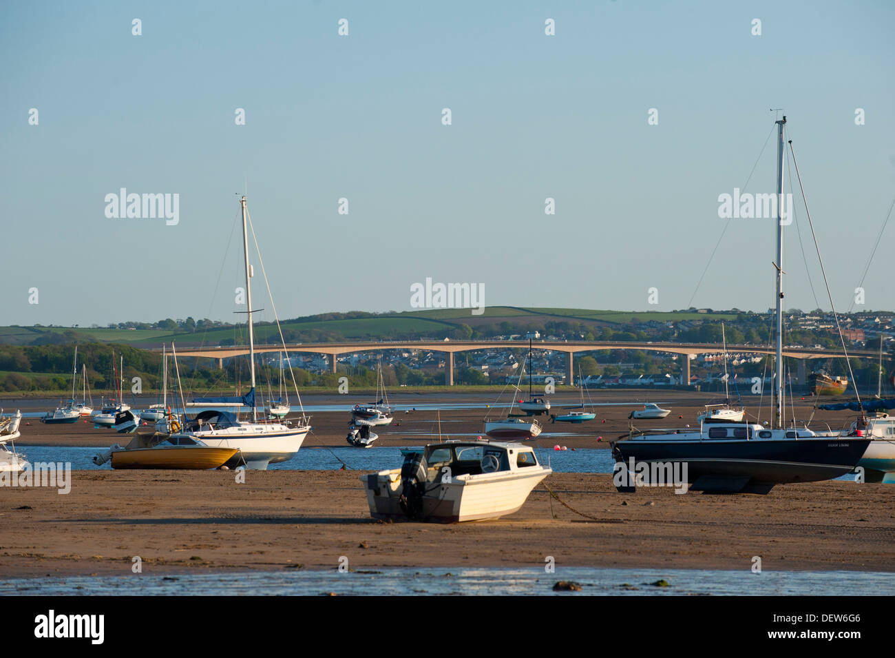 Evening sunlight at Instow, Devon, showing road bridge over the Taw Torridge estuary. Stock Photo