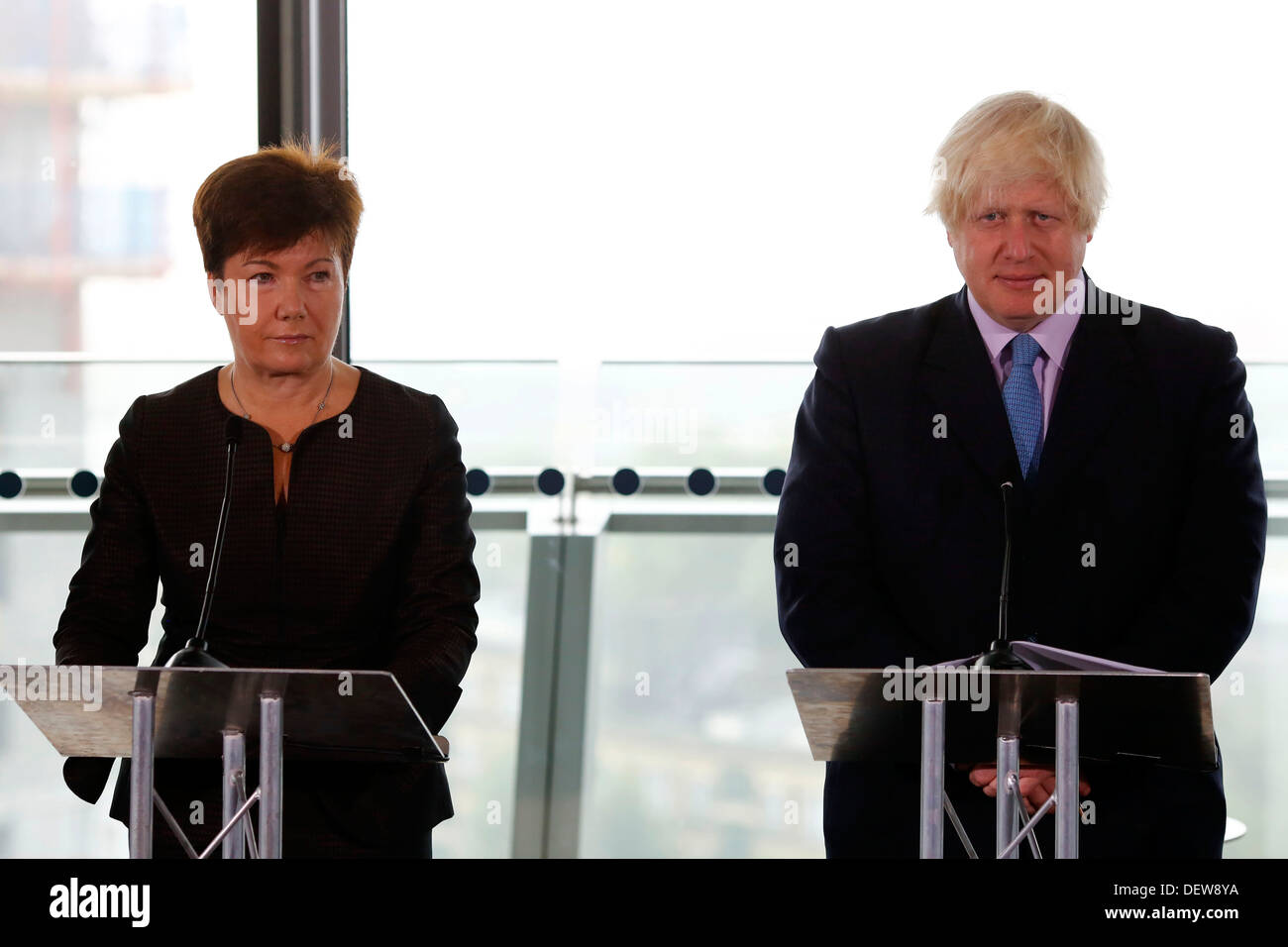 London Mayor Boris Johnson (R) and Warsaw Mayor Hanna Gronkiewicz-Waltz on 24  September 2013  in London Britain. Stock Photo