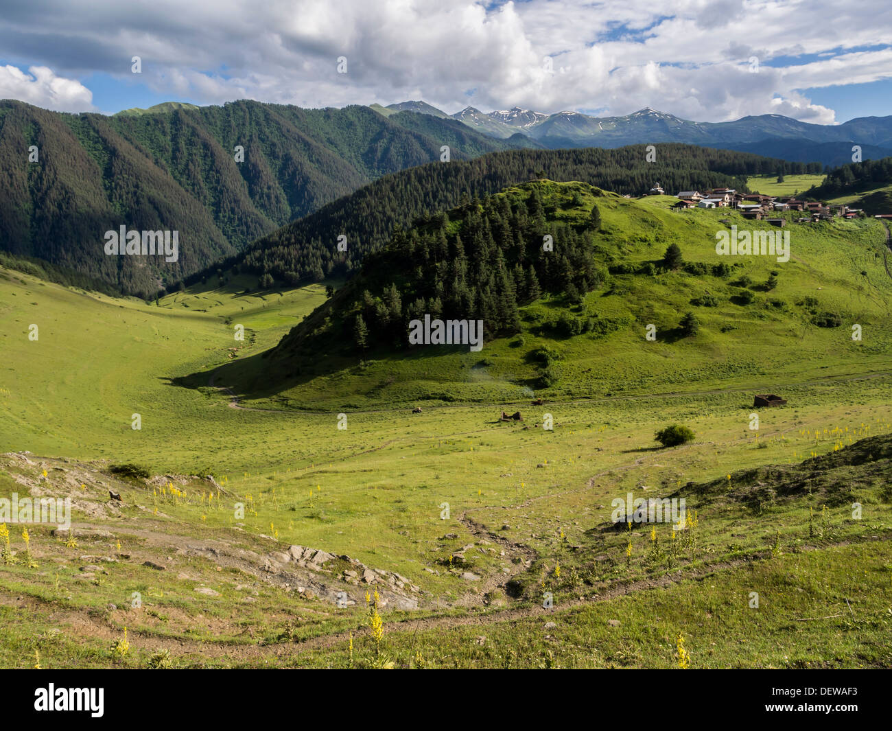 Shenako village on the southern slope of the Greater Caucasus, Tusheti region, Georgia. Stock Photo